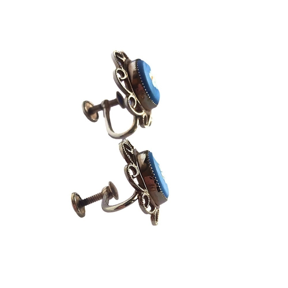 Vintage 14K Gold GF Blue Daisy Porcelain Like Signed Screwback Earrings - Picture 4 of 5